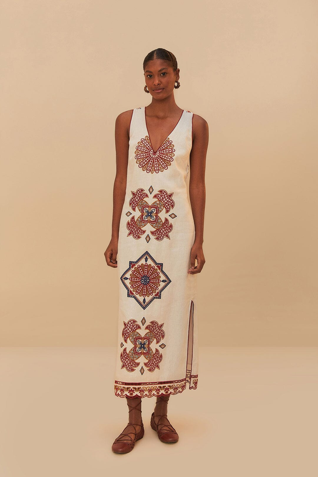 Off-White Marys Tiles Richelieu Euroflax™ Premium Linen Midi Dress | FarmRio (US)