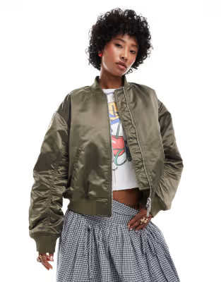 Monki satin bomber jacket with front welt pockets in khaki green with pink lining | ASOS | ASOS (Global)