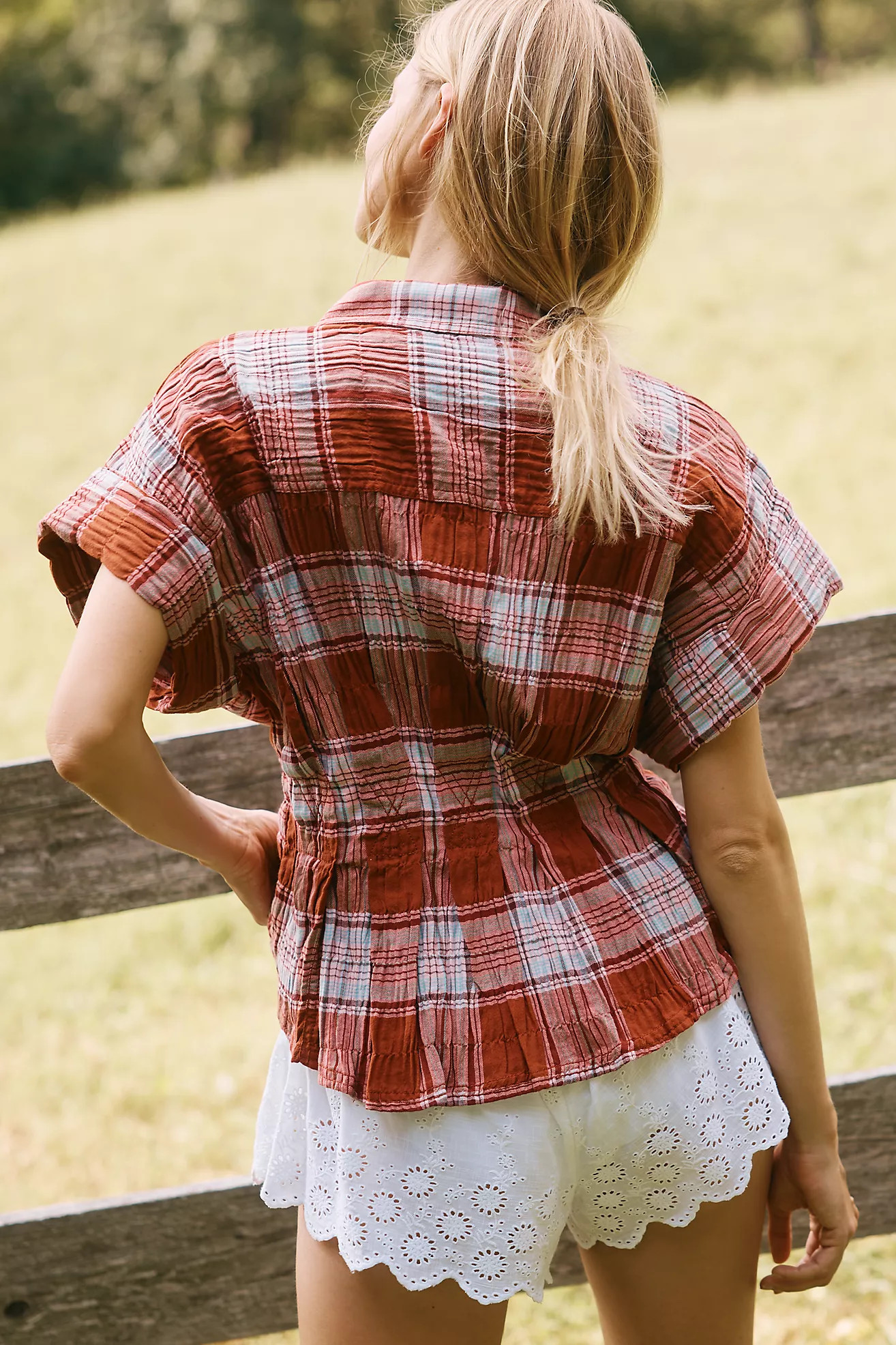 The Bobbie Short-Sleeve Fitted-Waist Plaid Blouse by Pilcro | Anthropologie (US)