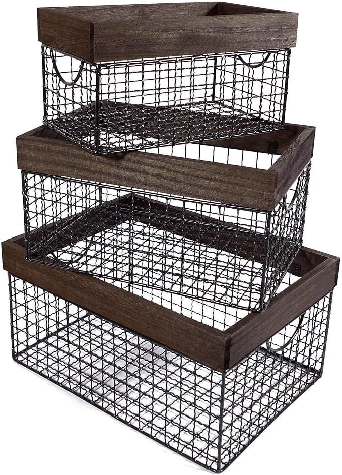 SLPR Wooden Top Wire Storage Baskets (Set of 3, Dark Wood) | Organizer with Built-in Handles for ... | Amazon (US)