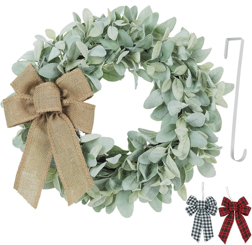 18inch Flocked Lambs Ear Wreath,Wreaths for Front Door, Spring Wreath, Full Year with 3 Bows Door... | Amazon (US)