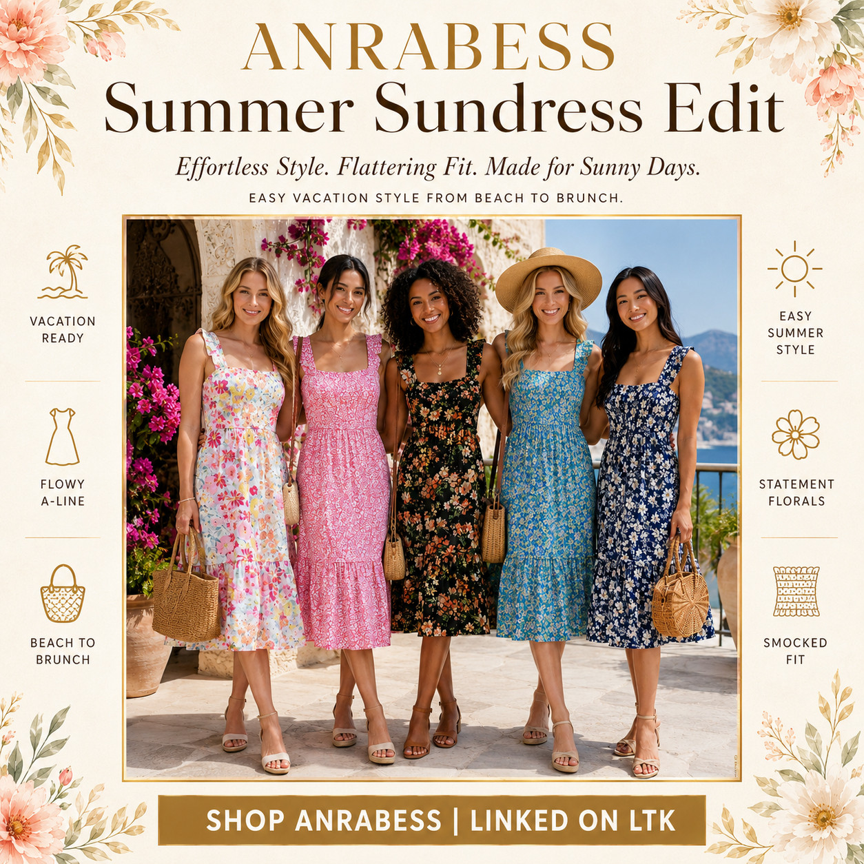 ANRABESS Summer Chic | Square Neck A-Line Smocked Boho Floral Maxi Dresses

Floral sundresses that make summer outfits feel pretty, flattering, and instantly vacation-ready 🌸

These ANRABESS sleeveless sundresses are such good Amazon fashion finds if you want an easy throw-on dress that still feels feminine, polished, and cute enough for more than one summer plan.

The square neckline, smocked bodice, ruffle straps, flowy A-line shape, and soft floral prints are what make this edit stand out — it gives that effortless summer dress look while still feeling flattering and comfortable for real life.

What I love about these is that they feel easy, but still so put together!!

They’re perfect for beach trips, brunch, vacation dinners, bridal showers, baby showers, casual dates, garden parties, family photos, resort days, and any sunny plan where you want to look cute without overthinking the outfit.

The smocked fit gives that comfortable, flattering shape shoppers always love, while the flowy skirt keeps it breezy enough for hot weather and easy enough to wear all day.

The floral options make this edit so fun to shop — soft pinks, blues, black florals, navy florals, and colorful summer prints that are easy to style with sandals, raffia bags, gold jewelry, sunglasses, a straw tote, or a denim jacket.

I did the digging for you — if you want an Amazon sundress that feels flattering, feminine, comfortable, and easy to wear from beach days to brunch plans, these ANRABESS dresses are the ones I’d check before sizes and prints start moving. 

They have that “one dress and the outfit is done” energy that makes summer dressing so much easier.

📌 SAVE this for summer vacations, brunch outfits, and easy Amazon dress finds.

↓ Everything is linked!

#LTKActive #LTKSaleAlert #LTKTravel