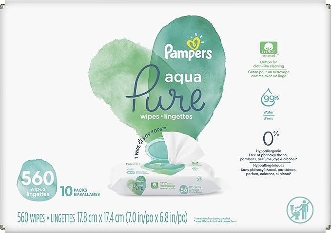 Baby Wipes, Pampers Aqua Pure Sensitive Water Baby Diaper Wipes, Hypoallergenic and Unscented, 10... | Amazon (US)