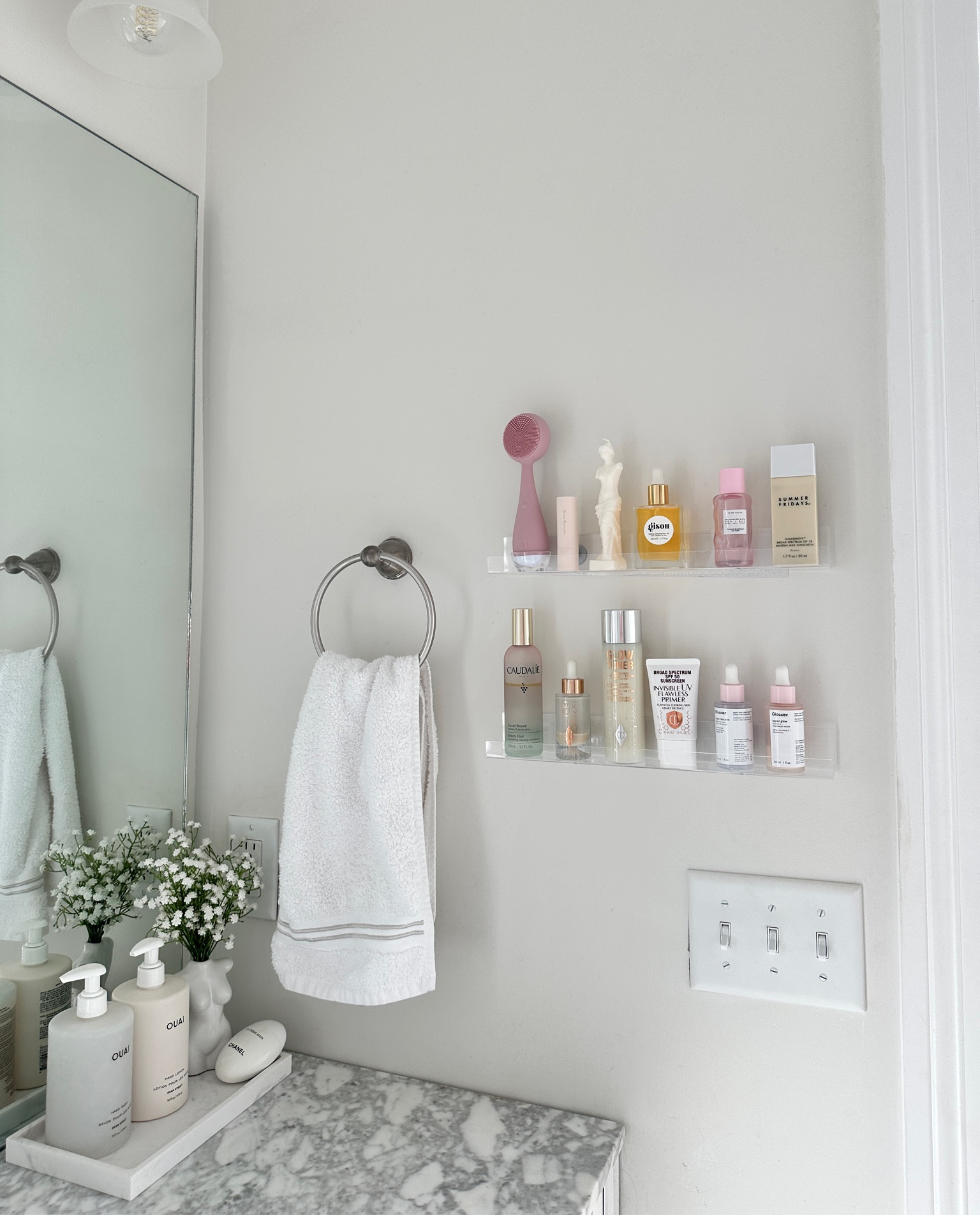 bathroom decor update🤍🛁 obsessed with these acrylic floating shelves 

bathroom decor, bathroom tray, aesthetic bathroom, OUAI, unique candles, unique flower vase, aesthetic vase, candle, marble tray, baby’s breath flowers, minimalist white bathroom decor, clean girl aesthetic 

#LTKhome #LTKstyletip #LTKfamily #LTKbeauty #LTKMostLoved #LTKfindsunder100 #LTKU #LTKGiftGuide