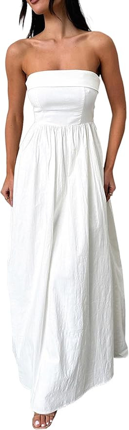 Women Summer Strapless Maxi Tube Dress 2024 Trendy Solid Pleated Flowy Dress Wedding Guest Maxi D... | Amazon (US)