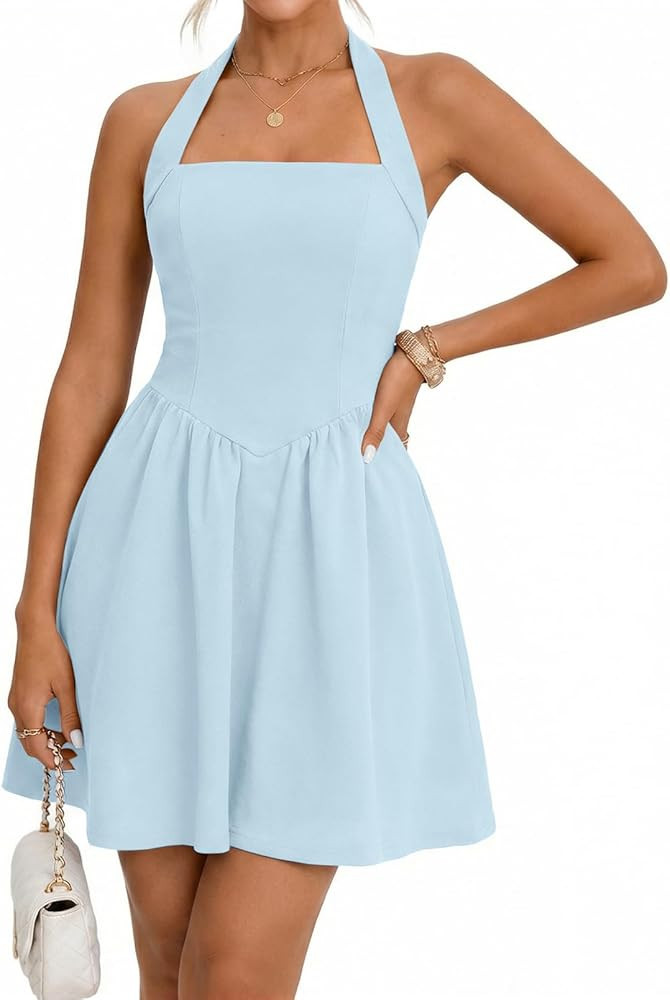 MEROKEETY Women's Summer Halter Neck Mini Dress 2026 Cute Ruched Waist A-line Flowy Graduation Co... | Amazon (US)