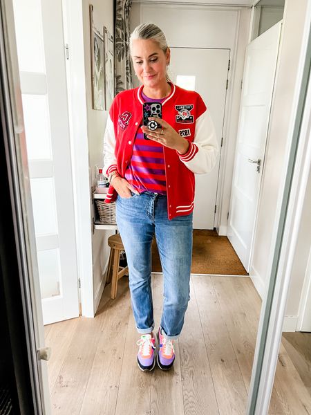 Outfits of the week. A red and purple striped t-shirt (Piombo), under a red varsity jacket (old H&M, size medium) paired with my favorite along Tall Sally sustainable straight jeans and bright colored Puma sneakers. 



#LTKeurope #LTKmidsize #LTKover40