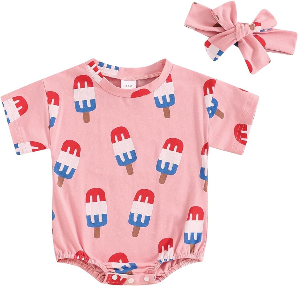 Baby Girl Bubble Romper 4th of July Baby Girl Outfit Short Sleeve Crewneck Popsicle Bodysuit Infa... | Amazon (US)
