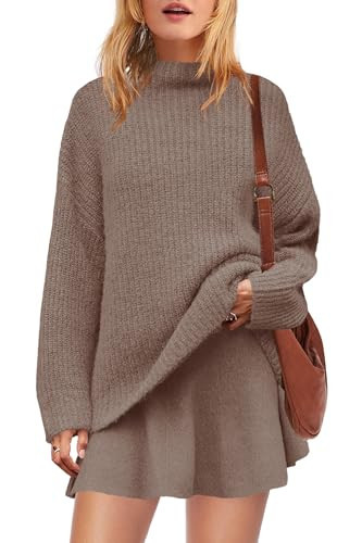 SENSERISE Womens Sweater Skirt Set 2 Piece Outfits Oversized Lounge Sets Turtleneck Knit Tops Mini Dress(Taupe,XL) | Amazon (US)
