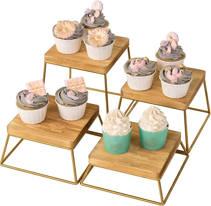 MyGift Gold Food Risers for Display Party, 4-Piece Wood Square Buffet Dessert Stands, Tiered Wood... | Amazon (US)