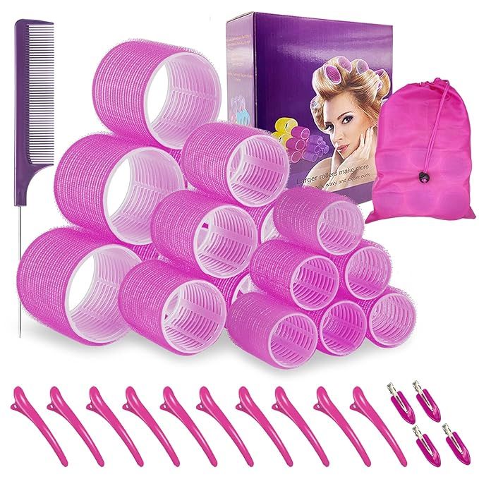 Hair Roller Set 18 pcs,Jumbo Hair Curlers Rollers With Clips,Self Grip Hair Roller Set,Hair Rolle... | Amazon (US)