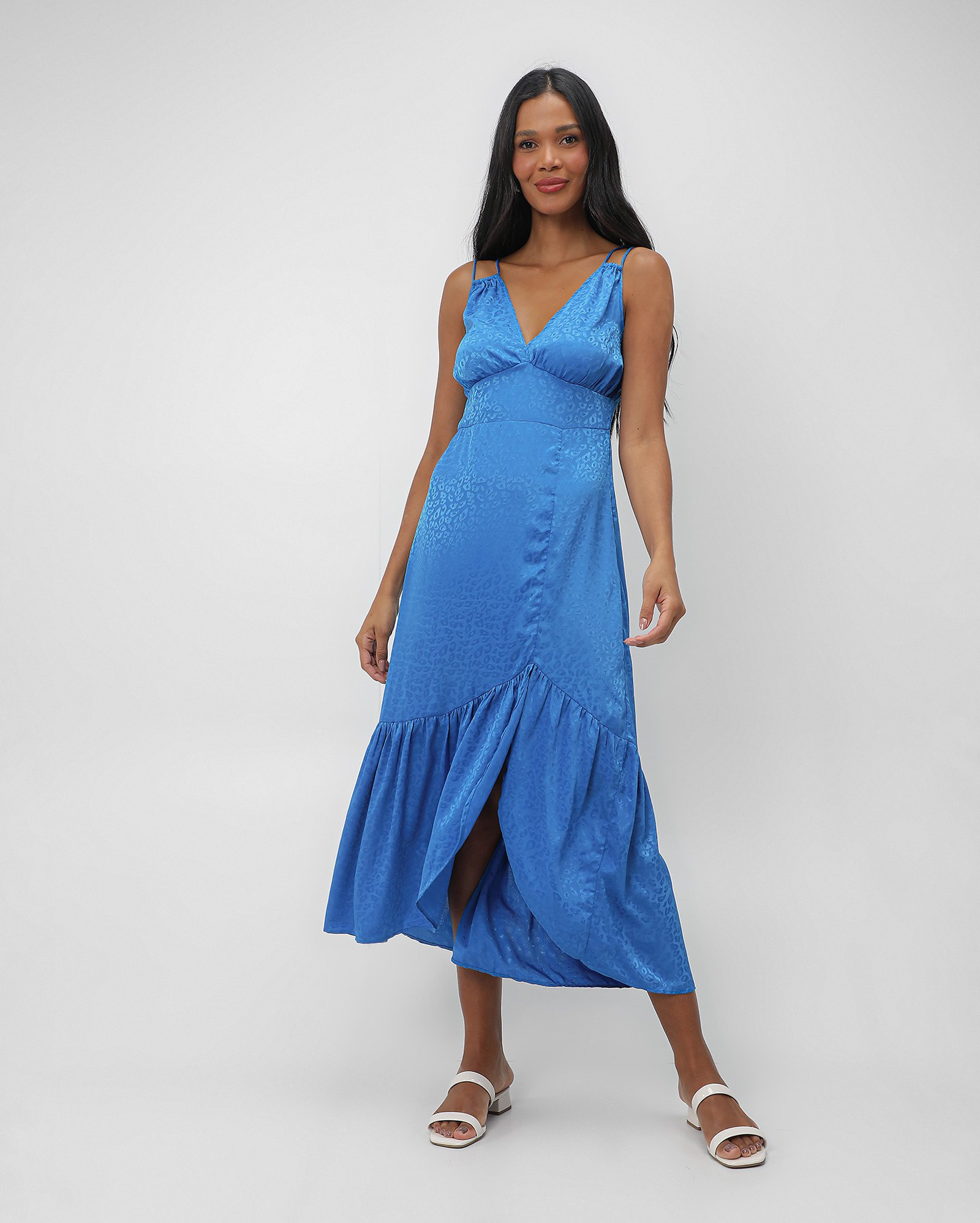 Vestido midi com babados jacquard animal print azul | AK by Riachuelo | Riachuelo (BR)