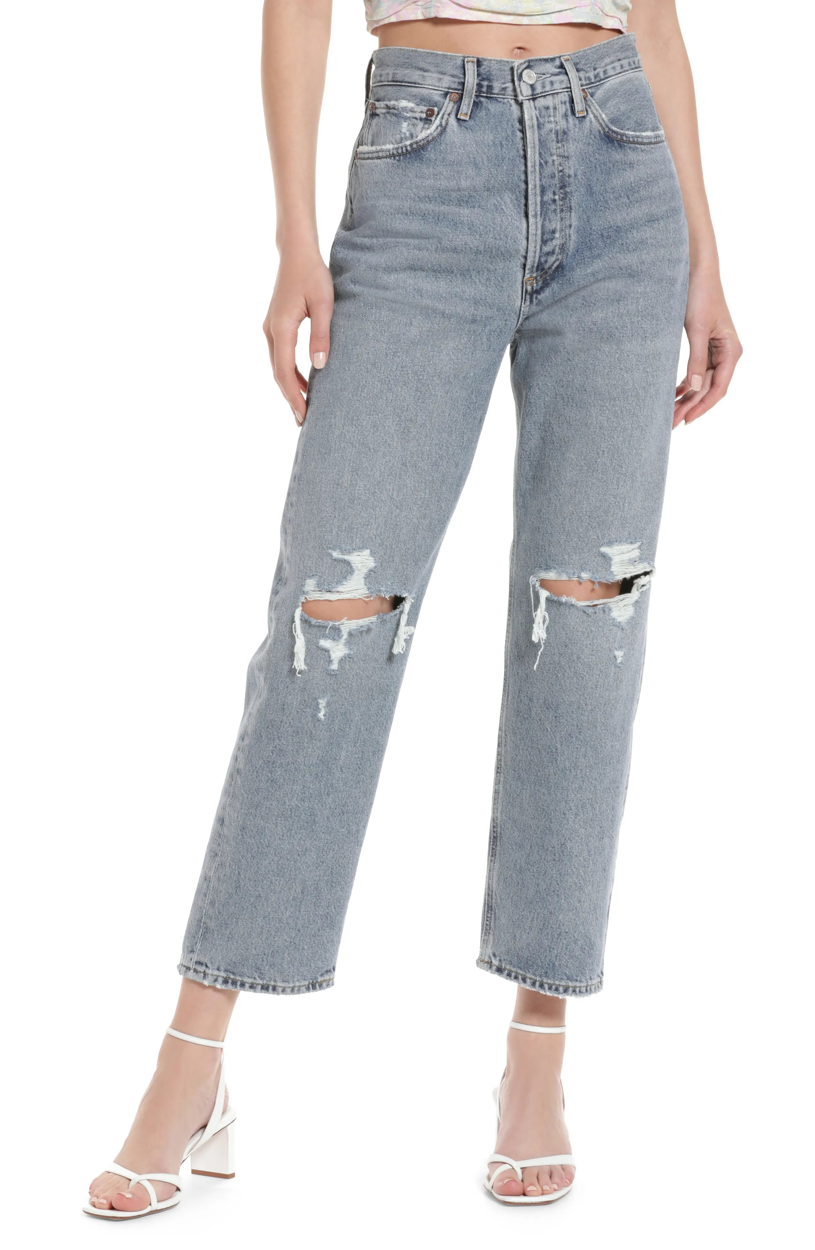 AGOLDE '90s Ripped High Waist Crop Loose Organic Cotton Jeans in Suspend at Nordstrom, Size 33 | Nordstrom