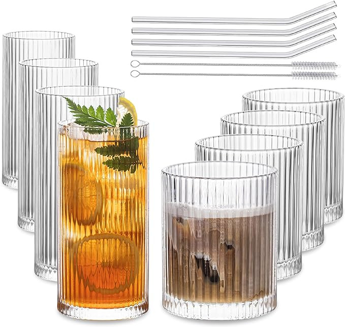 INSETLAN Set of 8 Vintage Glassware - 4 Highball Glasses 12 oz, 4 Rocks Glass Cups 14 oz, Ribbed ... | Amazon (US)
