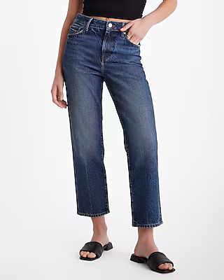 High Waisted Dark Wash 50/50 Rigid Stretch Straight Ankle Jeans | Express (Pmt Risk)