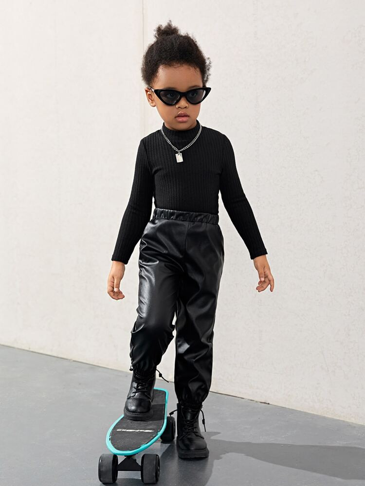 SHEIN Toddler Girls 1pc Mock Neck Tee & 1pc PU Leather Pants | SHEIN