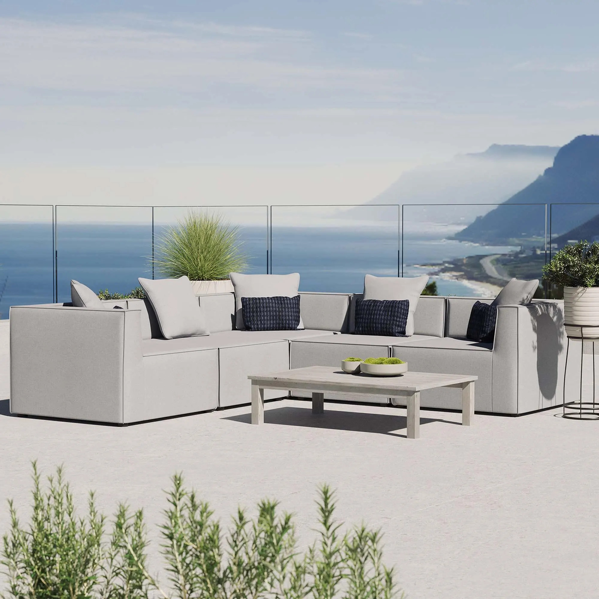 Modway Saybrook 5-Piece Outdoor Sectional With Cushions, Gray | Ashley