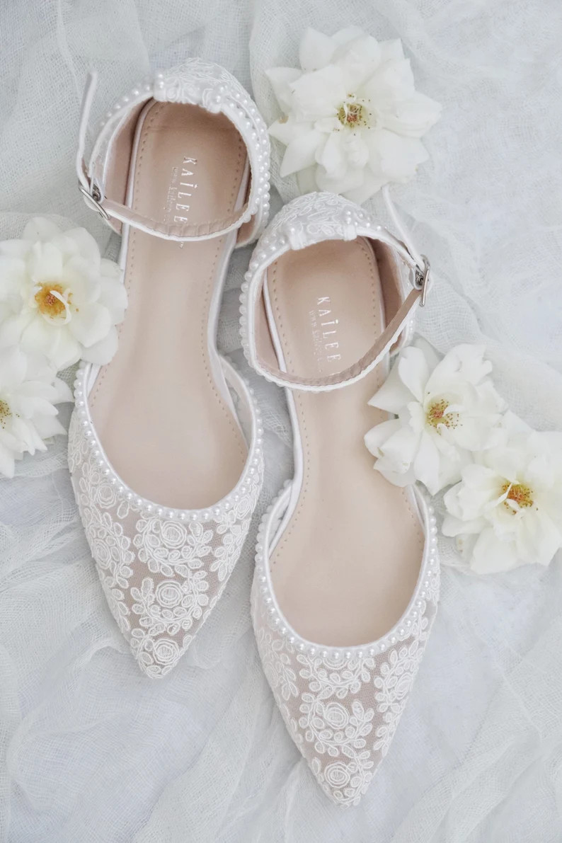 White Crochet Lace Pointy toe flats with MINI PEARLS, Women Wedding Shoes, Bridal Flats, Bride Sh... | Etsy (Global)