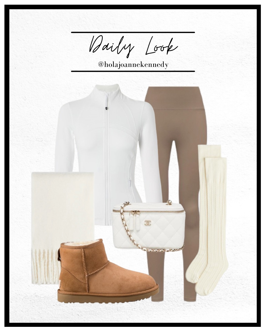 white Lululemon jacket outfit, beige leggings outfit, neutral athleisure look, cream cable knit socks, chestnut Ugg boots outfit, white chunky wool scarf, Chanel vanity bag outfit, soft neutral layers, elevated athleisure style, cosy chic outfit, minimalist morning outfit, clean girl aesthetic, neutral capsule wardrobe 

#LTKfitness #LTKstyletip #LTKuk