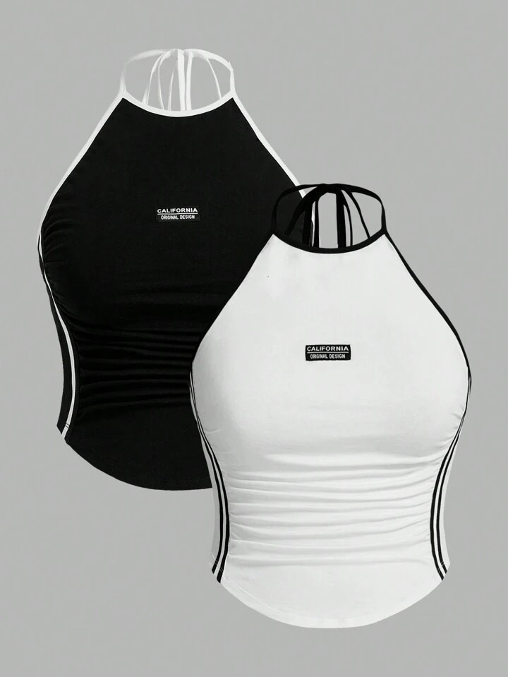 SHEIN ICON Plus 2pcs Contrasting Binding Striped Side Tie Halter Y2k Top (Pack Of 2), For Summer | SHEIN