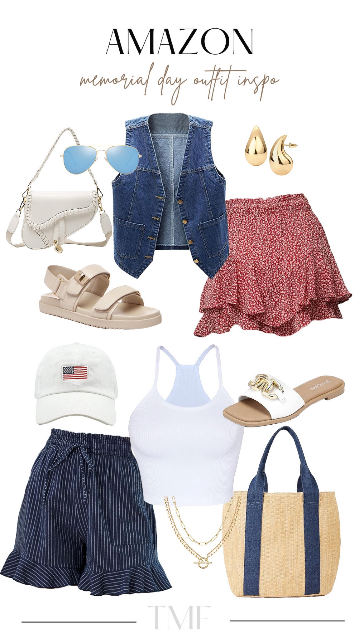 Amazon MDW outfit ideas! 

#amazonfashion

Amazon finds. Amazon fashion. Amazon MDW outfit. Memorial Day weekend outfit idea. Memorial Day weekend outfit inspo. Red white and blue outfit idea. 4th of July outfit inspo. Festive MDW outfit. Tall friendly Amazon fashion. Amazon fashion for tall girls. Red floral shorts. Denim vest for summer. Amazon designer inspired saddle bag. Amazon strappy sandals. Amazon white slide sandals. Free People inspired tank top. Navy pinstripe summer shorts. Amazon straw tote. Blue aviator sunglasses  

#LTKStyleTip #LTKFindsUnder100 #LTKSeasonal