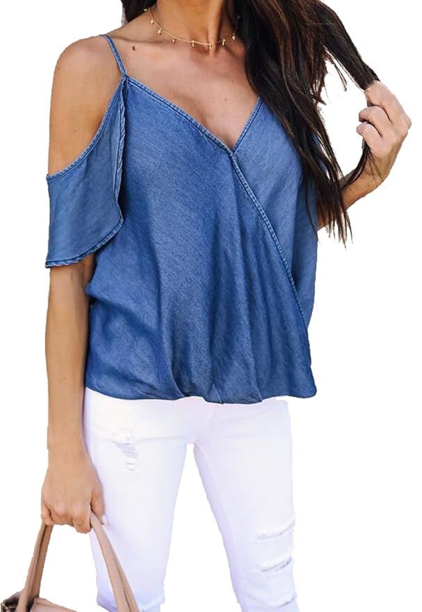 MAXIMGR Women's Sexy Spaghetti Strap V Neck Denim T-Shirt Cold Shoulder Ruffle Sleeve Blouse Tops | Amazon (US)