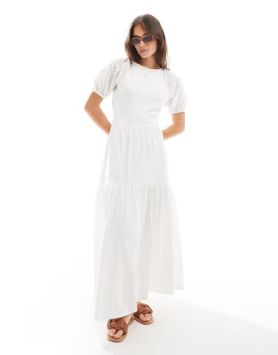 ASOS DESIGN broderie puff sleeve tiered maxi dress in white | ASOS (Global)