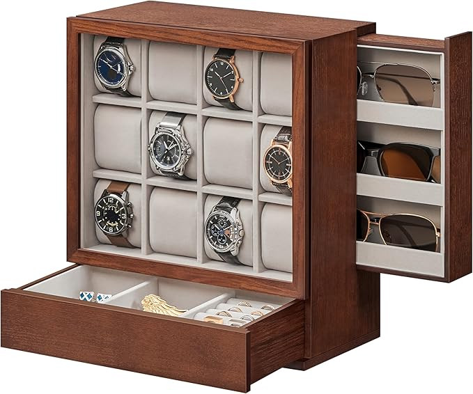SONGMICS 12-Slot Watch Box, Watch Display Case with Window, Solid Wood Veneer, Velvet Lining, Ver... | Amazon (US)