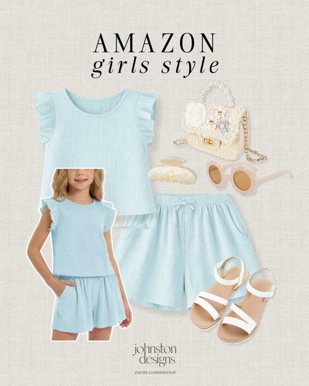 Amazon girls style featuring a light blue textured two piece set with a flutter sleeve top and matching flowy shorts for a soft, effortless look. Styled with white strappy sandals, a pearl embellished mini bag, oversized sunglasses and a neutral hair clip for a sweet, put together outfit that’s perfect for warm weather days and summer outings. 🩵

#amazongirlsstyle #girlsoutfitideas #kidsfashionfinds #summeroutfitkids #matchingset #amazonfashionfinds #momstylefinds #ltkstyle #kidsstyle #springoutfits 

 #LTKootd #LTKKids