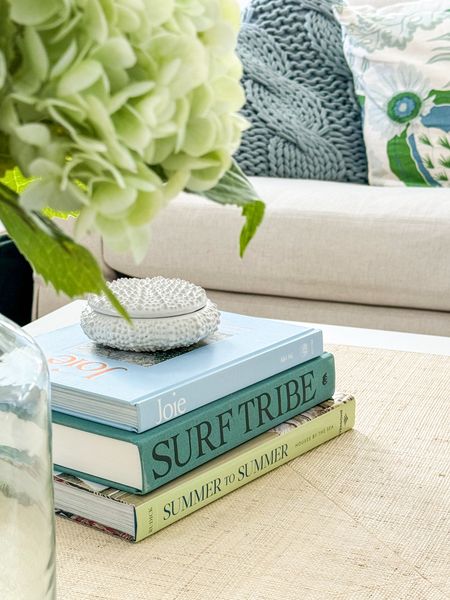 Coffee table styling details! I used my favorite faux hydrangeas (in the light green color), and a few of my favorite costal coffee table books on our raffia coffee table.

#LTKSeasonal #LTKhome #LTKsalealert