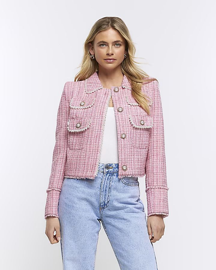 Pink boucle check blazer | River Island (US)