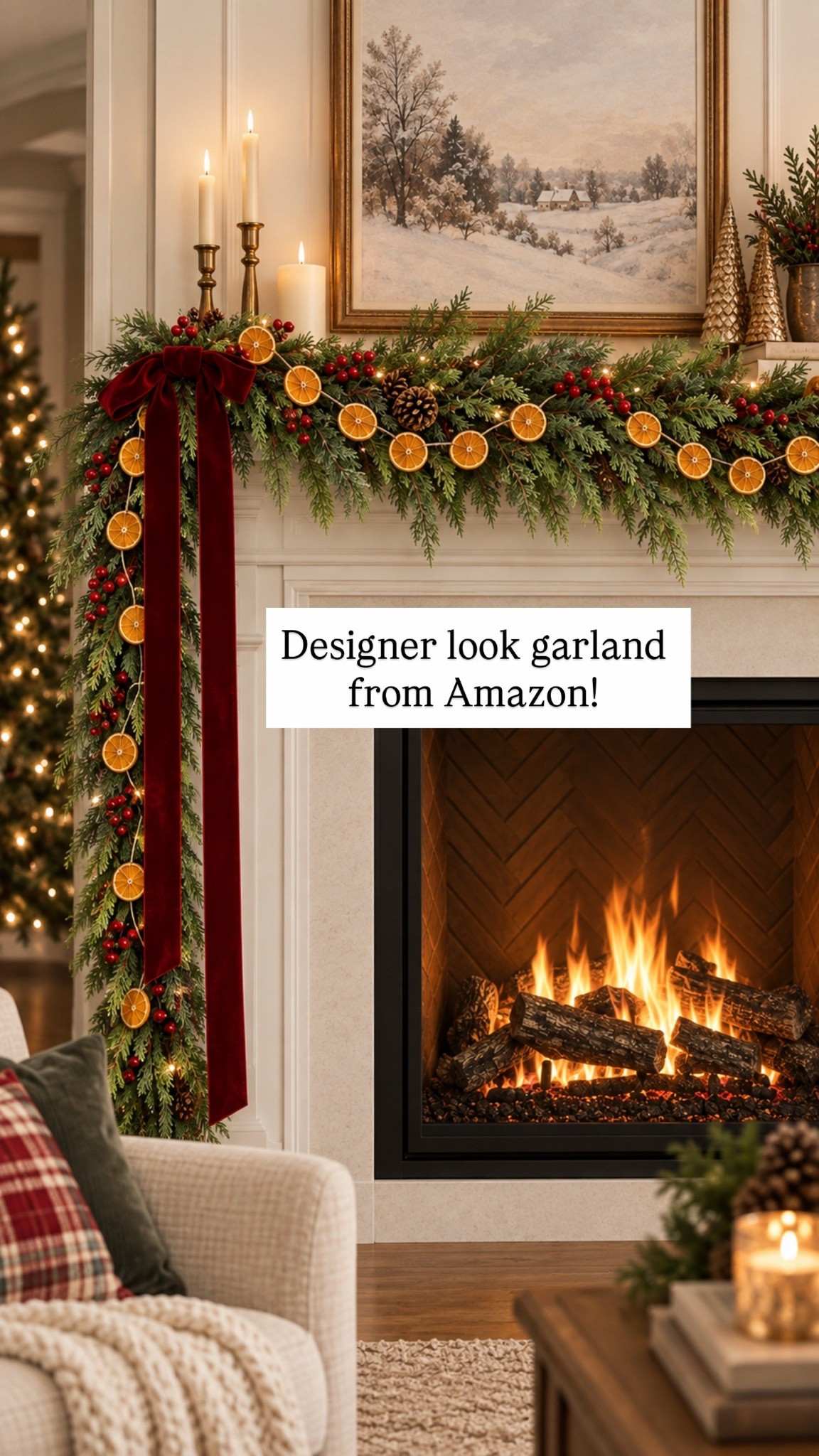This Christmas mantel might be my favorite yet! 🎄🍊✨ Intertwine a dried orange garland through the greenery and add the prettiest burgundy velvet bow at the corner for that cozy, classic Christmas look. So simple but makes such a statement!

✨ Shop the garland, orange slices & bow through my LTK!