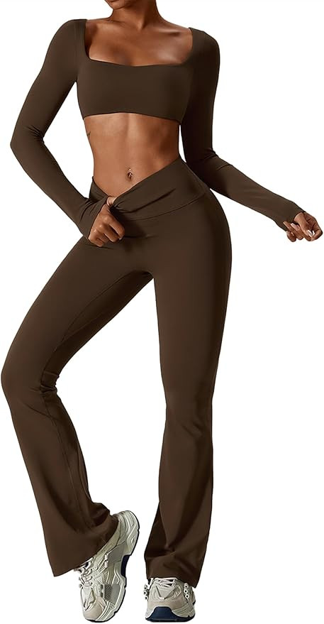 ABOCIW Workout Sets for Women 2 Piece Square Neck Long Sleeve Crop Tops High Waist Flared Legging... | Amazon (US)