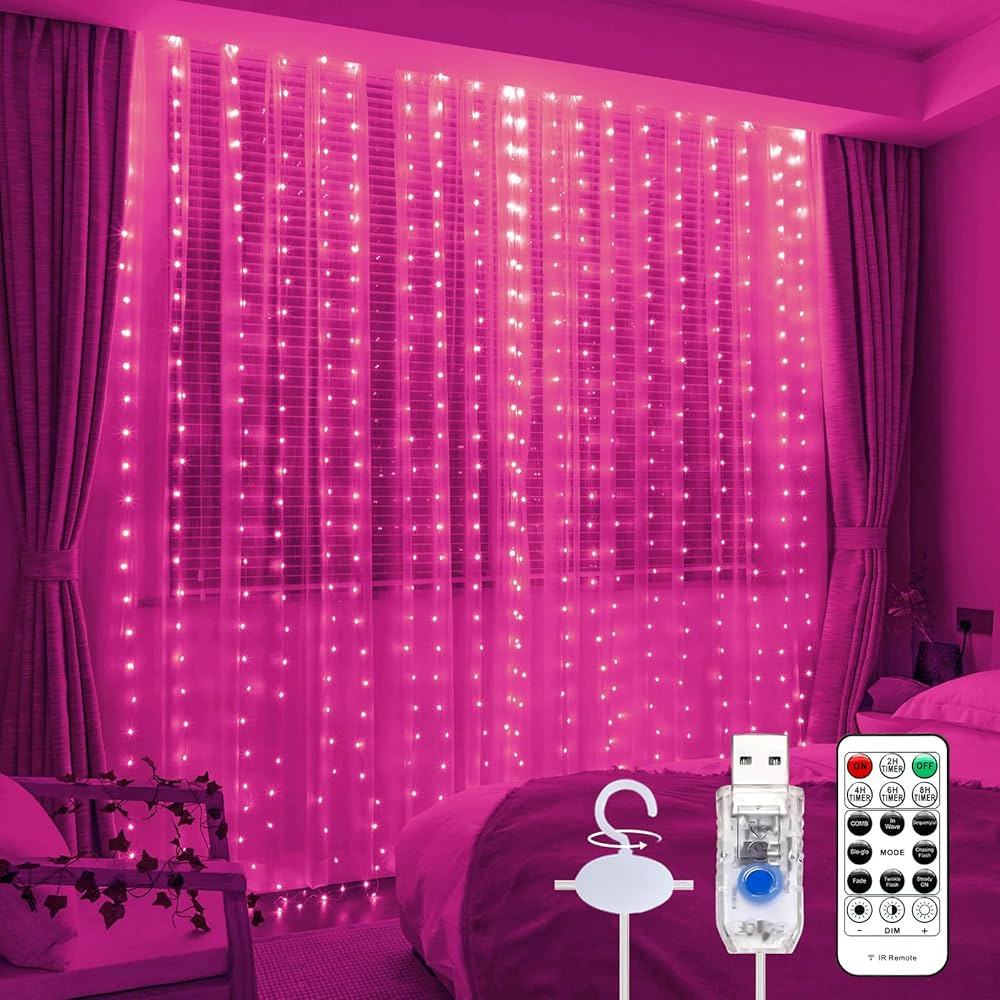 Pink Curtain Light with Untangled Wires for Bedroom, 300LED 9.8ft x 9.8ft Window Fairy Curtain St... | Amazon (US)