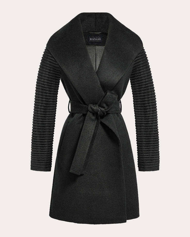 SENTALER Women's Baby Alpaca Ribbed Sleeve Wrap Coat in Black Wool/Polyester | Olivela
