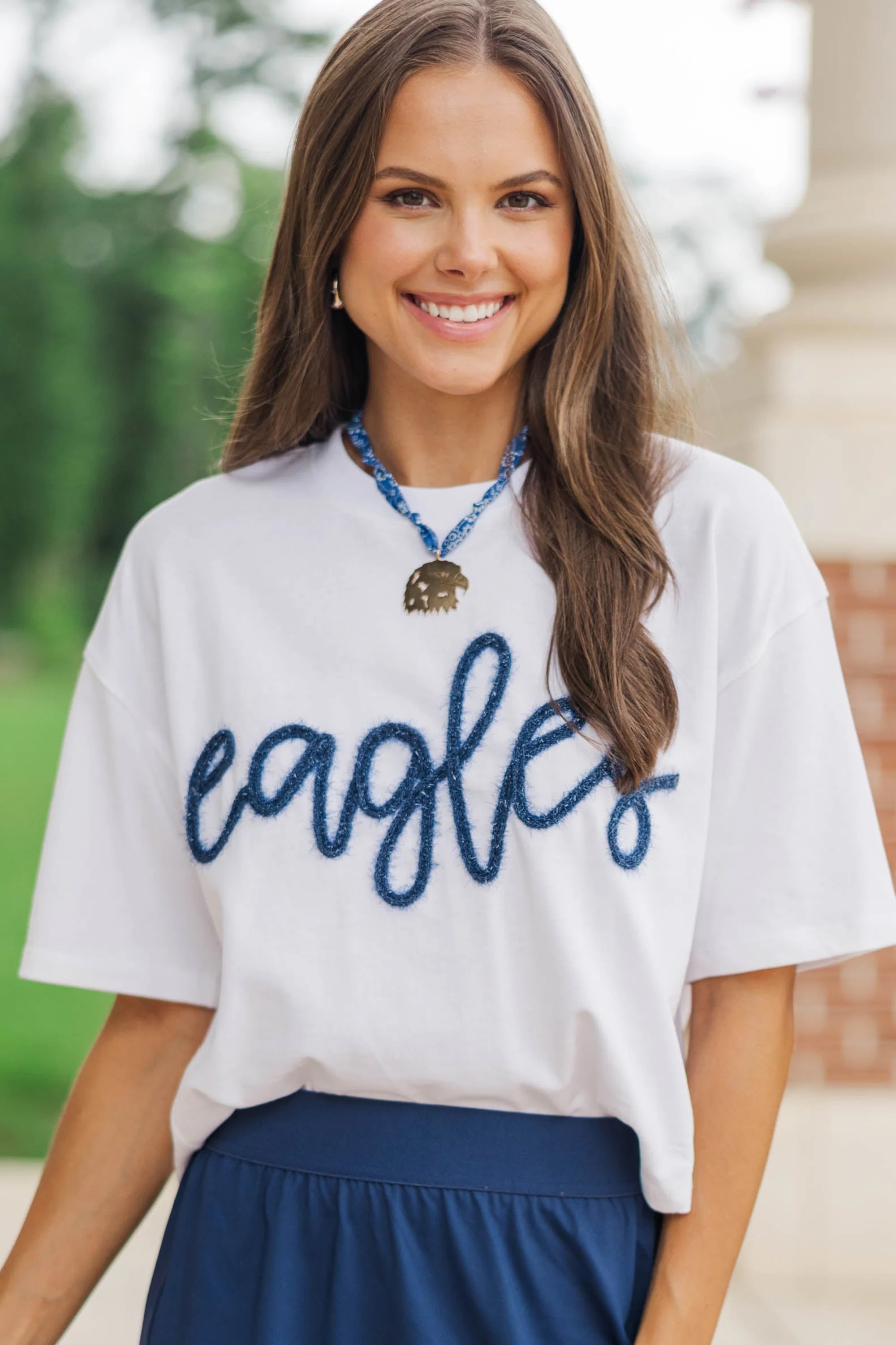 Here To Win White & Blue Eagles Script Tee | The Mint Julep Boutique