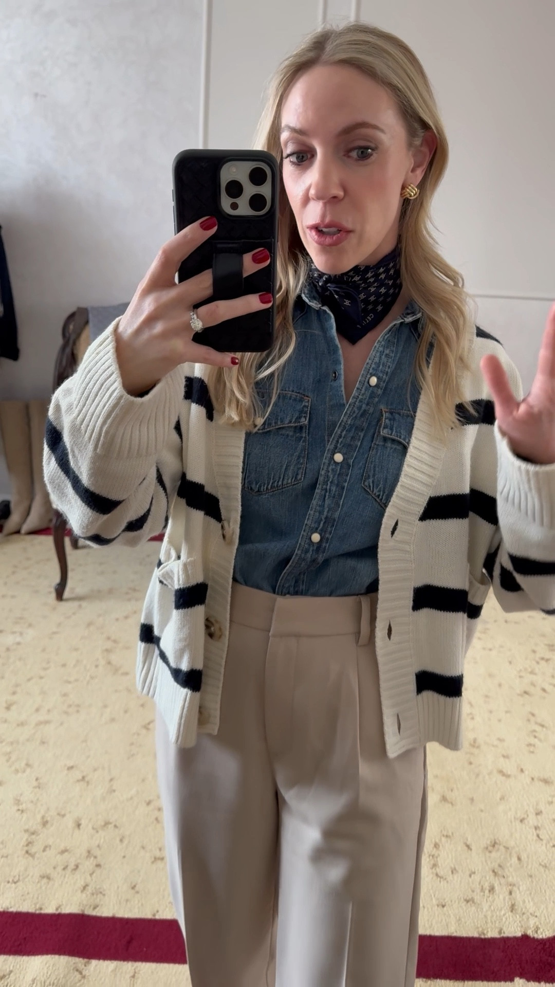 Work wear outfit, spring fashion, striped cardigan, denim shirt, office look, silk scarf, style over 40

#LTKWorkwear #LTKOver40 #LTKFindsUnder100