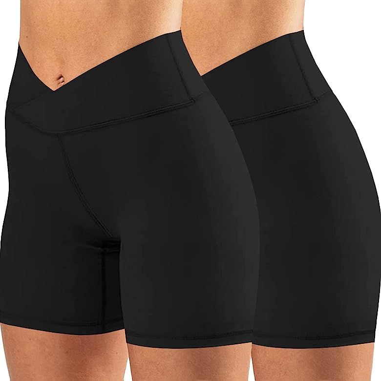 Womens Biker Yoga Shorts Crossover Summer 5" Inseam High Waisted Workout Athletic Running Short P... | Amazon (US)
