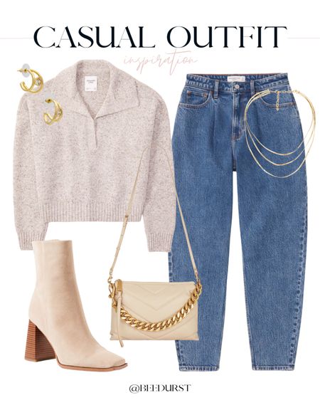 Casual outfit idea, fall outfit idea, collared sweater, mom jeans, high waisted jeans, heeled booties, sock booties, crossbody bag, layered necklaces, hoop earrings 

#LTKSeasonal #LTKshoecrush #LTKitbag