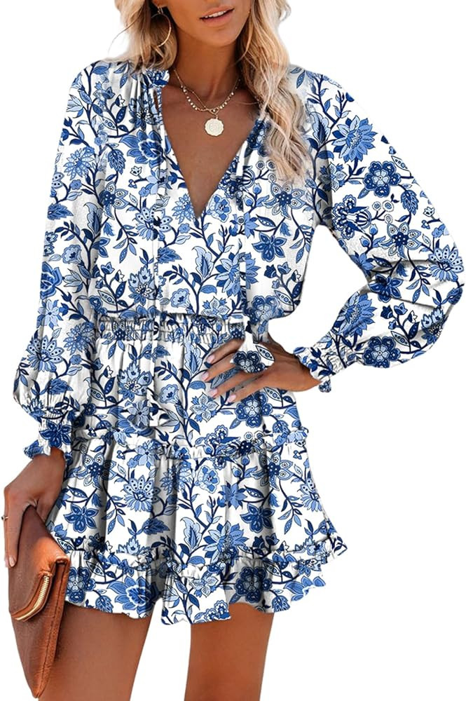 Dokotoo Spring Dresses for Women 2026 Boho Floral Drawstring V Neck Smocked Long Sleeve Ruffle Ti... | Amazon (US)
