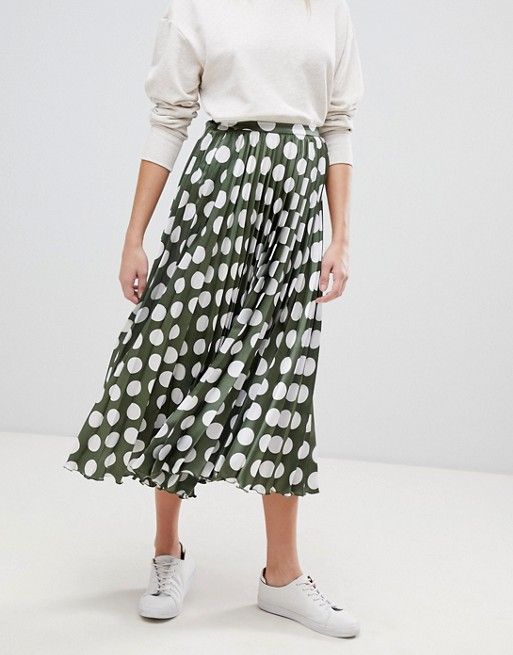 ASOS DESIGN satin pleated midi skirt in polka dot | ASOS US