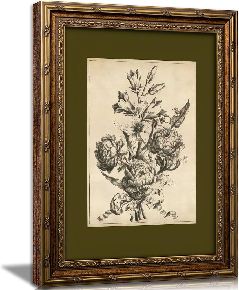 Vintage Gold Framed Floral Wall Art, Antique Flower Bouquet Sketch Print, Classic Botanical Decor... | Amazon (US)