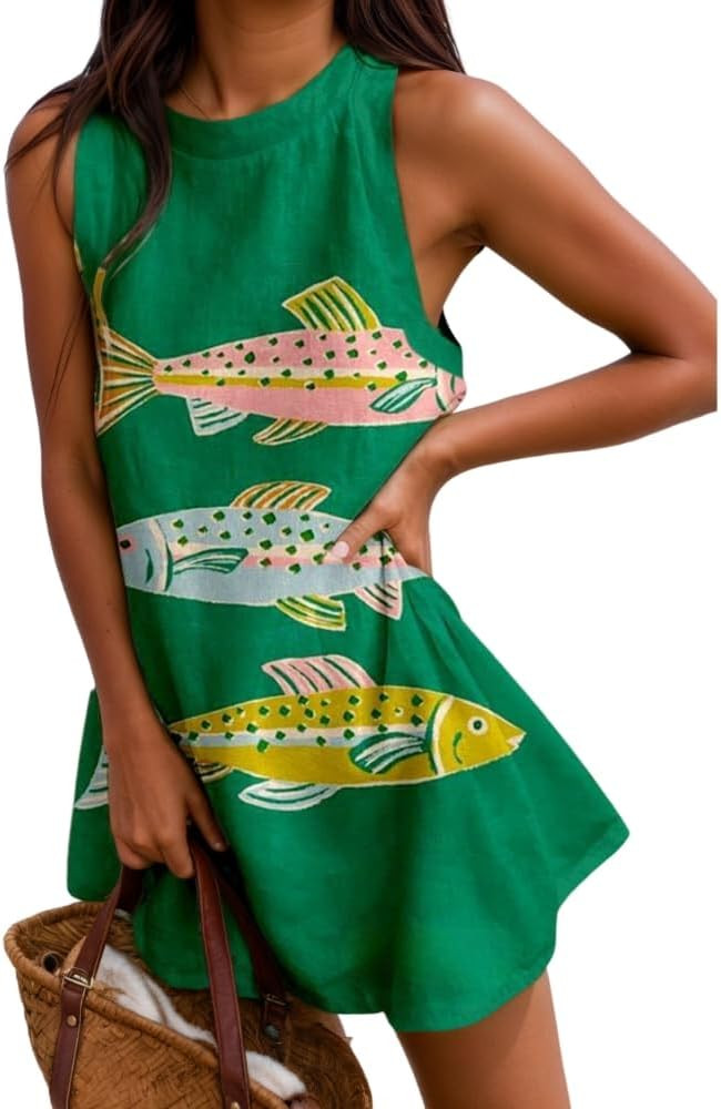 Women's Summer Ocean Animal Print Cotton Linen Mini Tank Dress Casual Loose Sleeveless Beach Vaca... | Amazon (US)