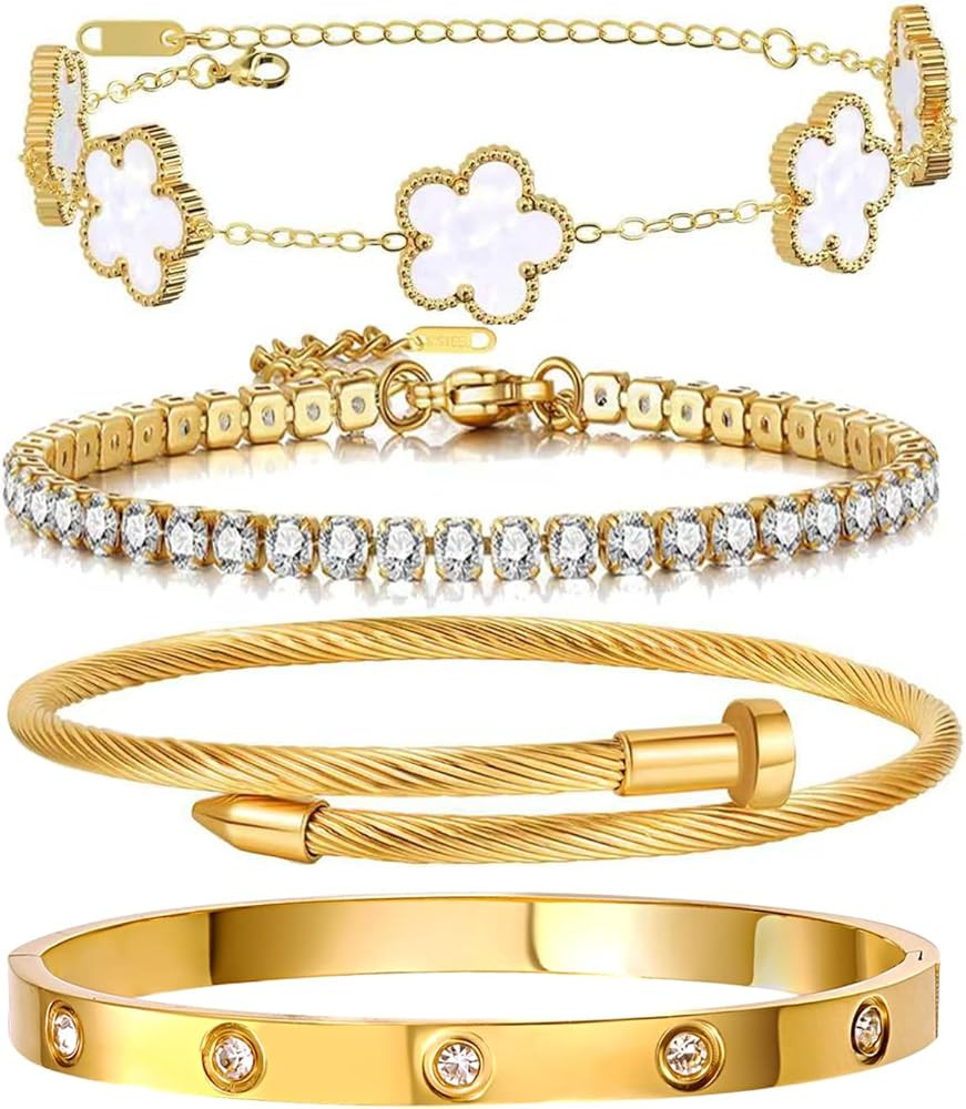 Gold Bracelets for Women, 18K Gold Plated Women Tennis Bracelets Clover Nail Love Bangle Bracelet... | Amazon (US)