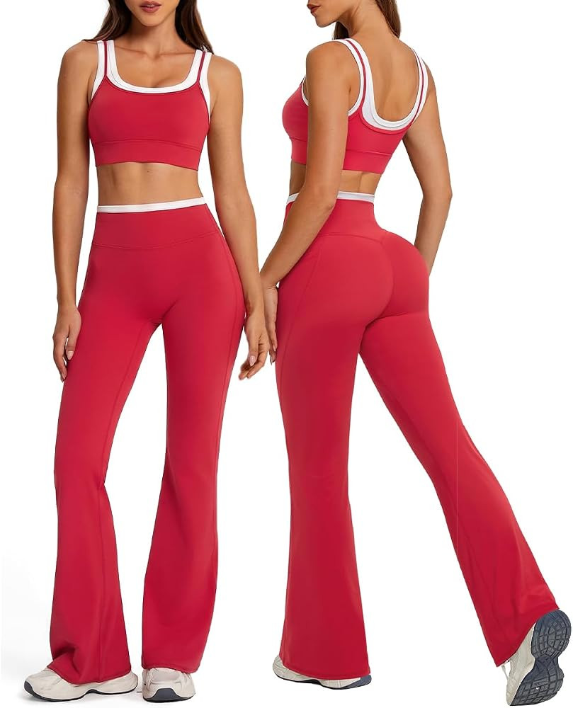 OMKAGI Layered Workout Sets for Women Flare Leggings U Back Pilates Outfits | Amazon (US)