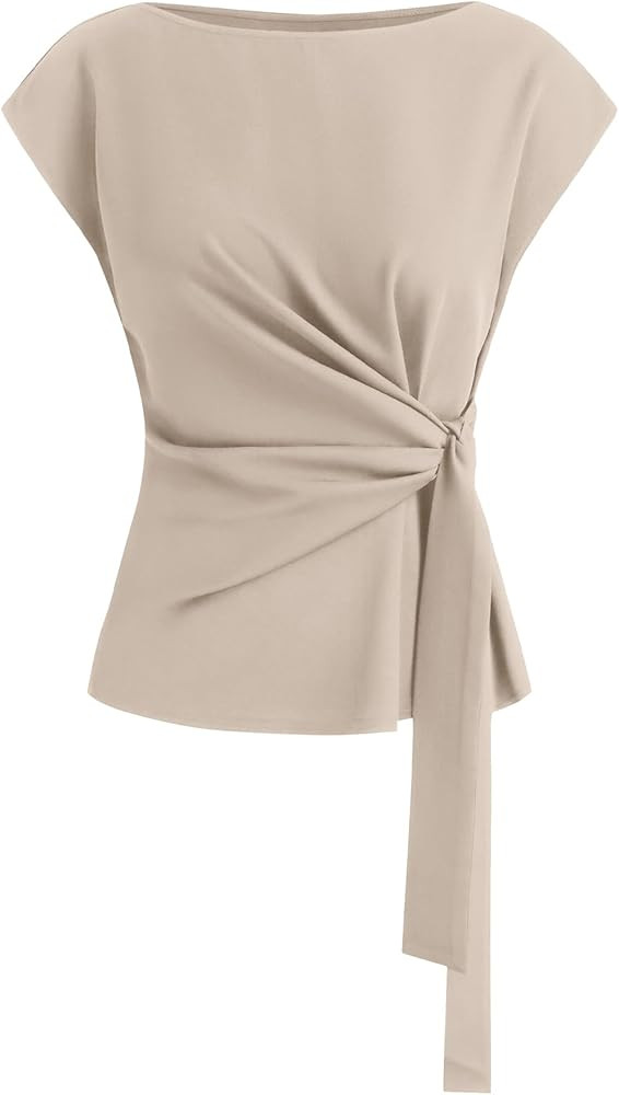 BTFBM Womens Tops Summer 2026 Cap Sleeve Crew Neck Tie Waist Blouses Dressy Casual Business Work ... | Amazon (US)