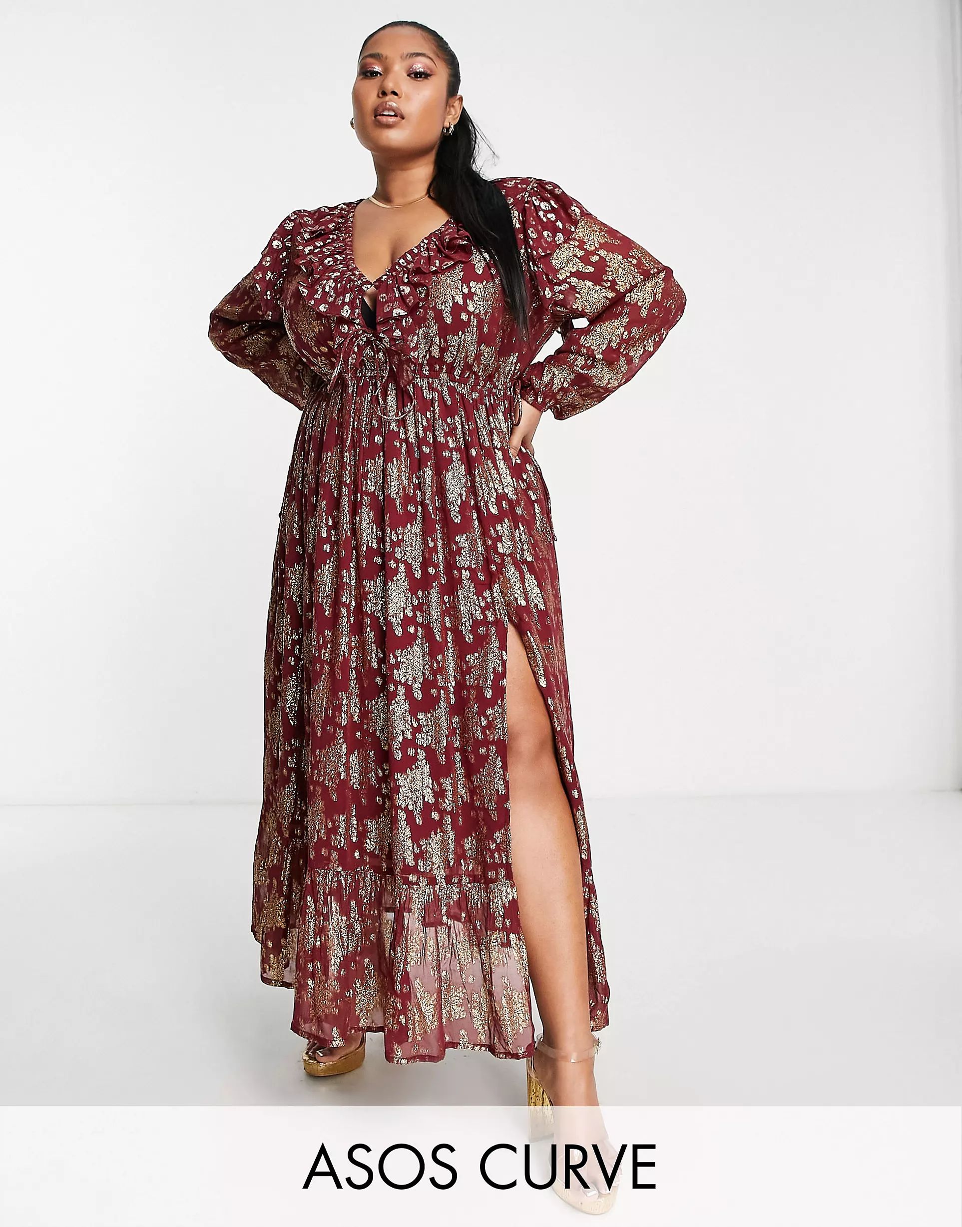 ASOS DESIGN Curve gathered waist metallic maxi dress with frills in burgundy | ASOS (Global)