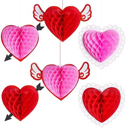 Lystaii 6pcs Heart Honeycomb Red and Pink Valentine's Day Hanging Decor Heart Shape Paper Honeycomb  | Amazon (US)