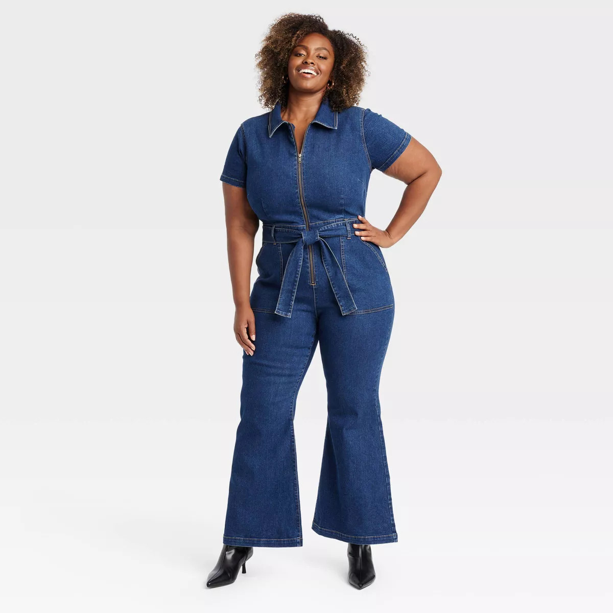 Women's Short Sleeve Denim Jumpsuit - Ava & Viv™ Dark Wash 18 | Target