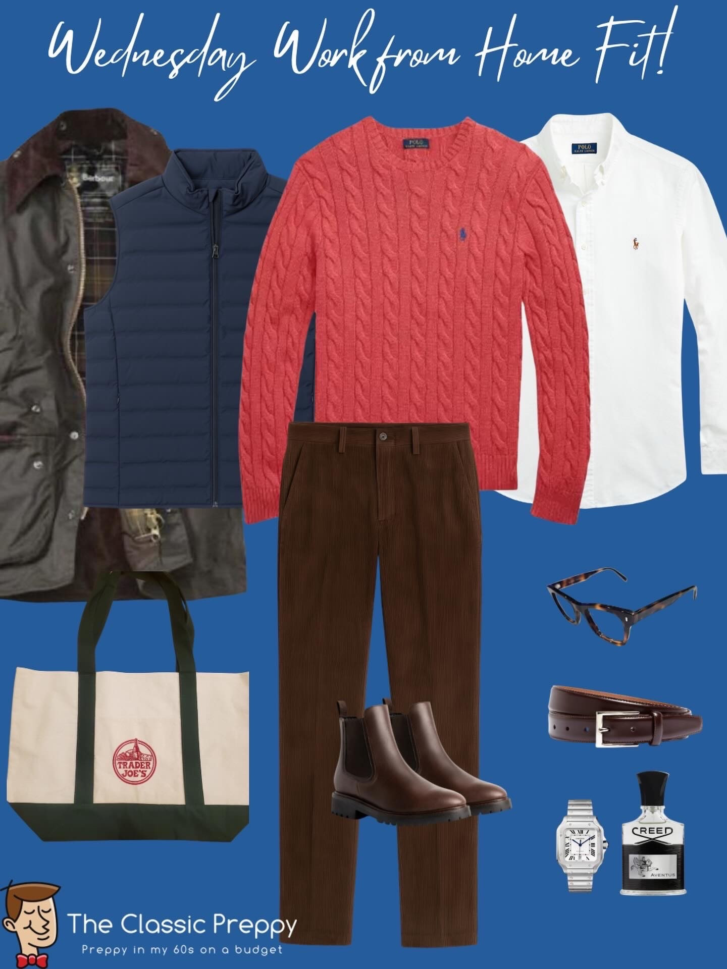 Work from home outfit for cold winter days that still feels polished and classic.

🧶 Nautical red cable knit @poloralphlauren
👔 White OCBD @poloralphlauren
👖 Brown corduroys @tommyhilfiger 
🧥 Quilted vest @32degreesofficial 
🧥 Waxed jacket @barbour
👞 Chelsea boots @colehaan 
🕶️ Tortoiseshell @warbyparker 
👜 Trader Joe’s canvas tote
🌲 Fragrance @creedfragrance Aventus

Comfortable enough to stay home. Put-together enough for a surprise Zoom. Classic always wins.

#ClassicPreppy #WFHStyle #PreppyStyle #IvyStyle #over60menstyle
